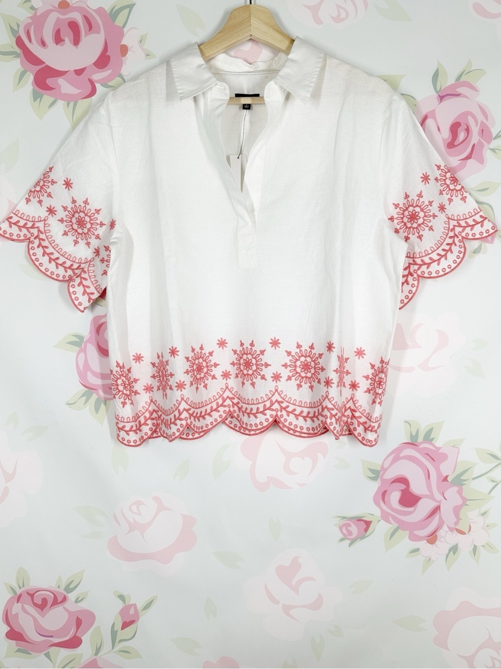 NEW NWT Talbots White Tunic with Pink Embroidery Trim Boho Linen Top Blouse M